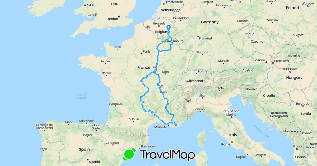 TravelMap itinerary: driving, hiking, fourgon 2 in Belgium, France (Europe)