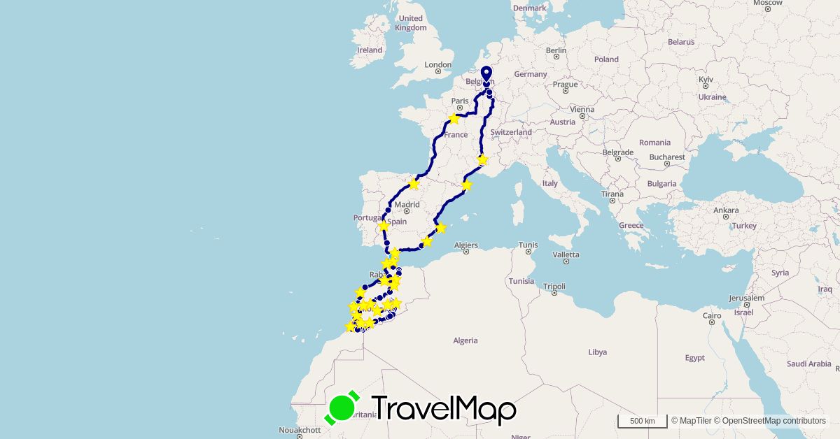 TravelMap itinerary: driving, hiking, boat, taxis in Belgium, Spain, France, Luxembourg, Morocco, Mayotte (Africa, Europe)
