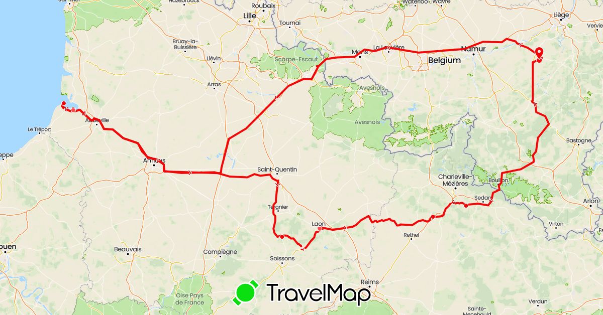 TravelMap itinerary: driving, hiking, fourgon 4 in Belgium, France (Europe)